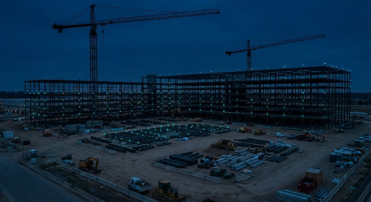 Obra de construcción de gran edificio con estructura metálica y grúas torre al anochecer