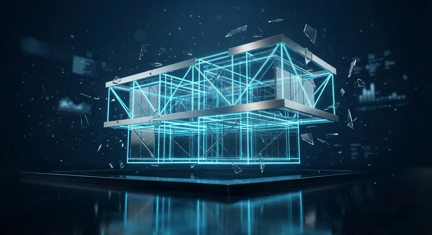 Modelo digital 3D de un edificio con estructura luminosa tipo gemelo digital