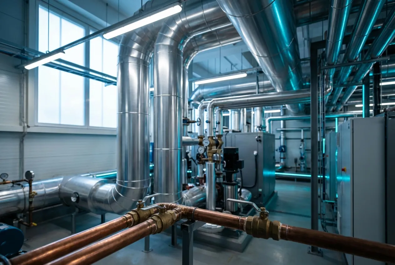 Sala de máquinas con tuberías de acero inoxidable y cobre, válvulas y equipos de climatización