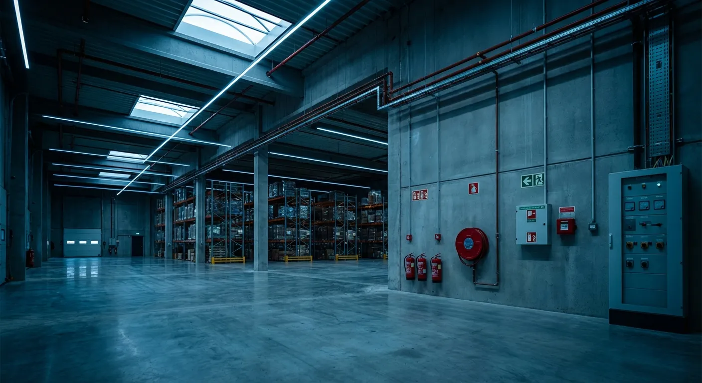 Nave industrial con extintores, BIE y cuadros eléctricos de seguridad